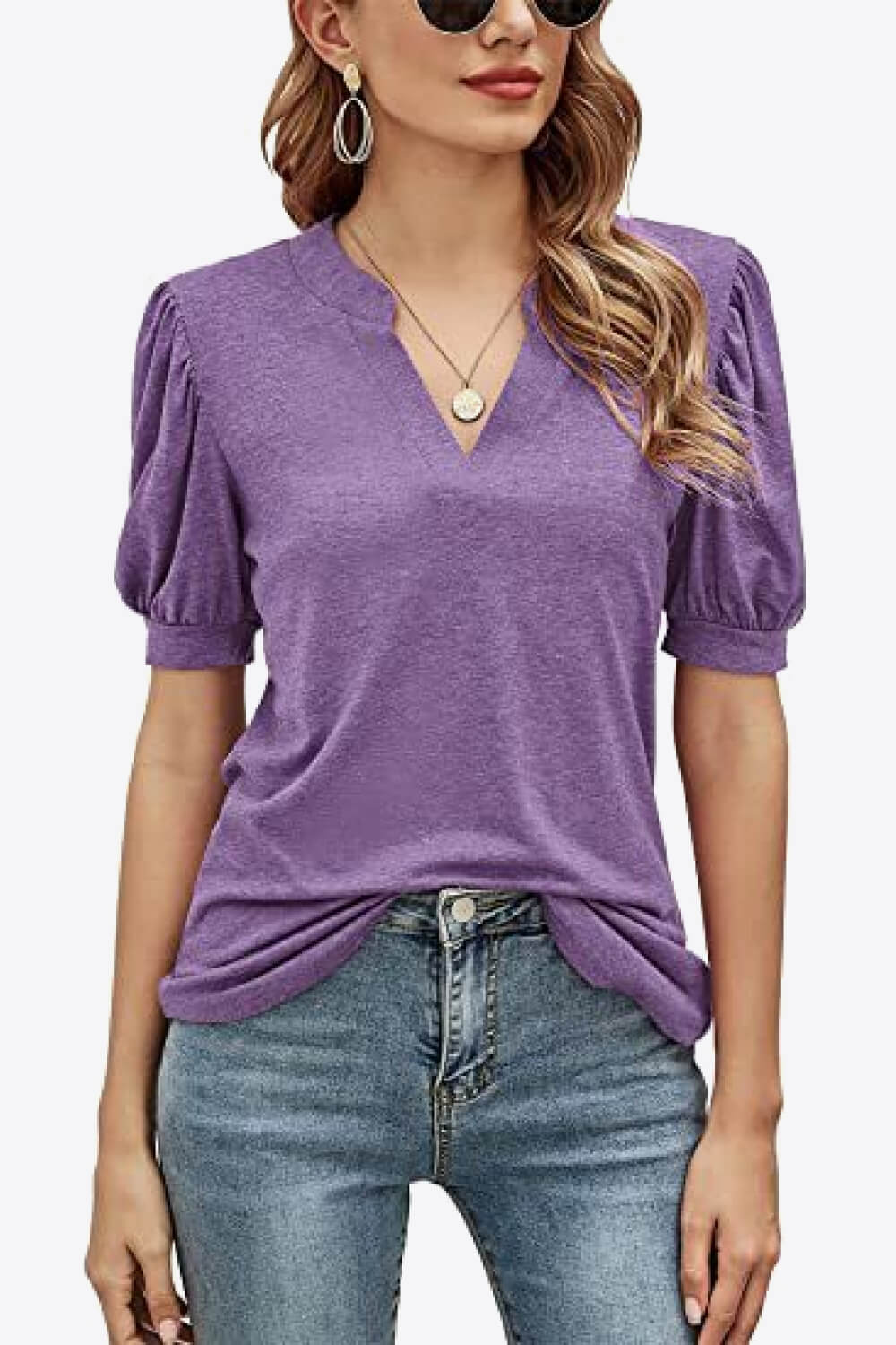 Notched Neck Puff Sleeve Tee - Charming Charlie