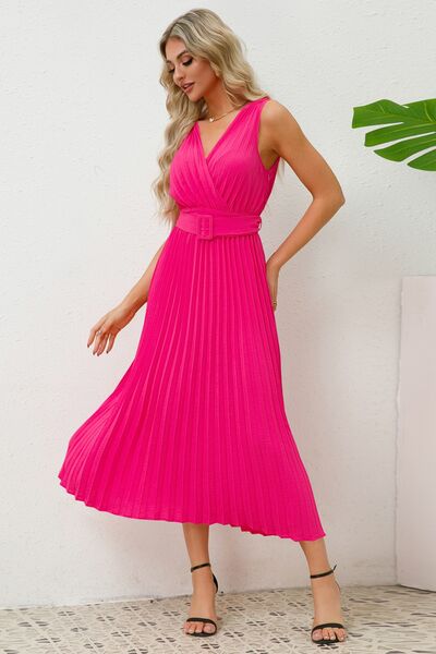 Surplice Sleeveless Midi Pleated Dress - Charming Charlie