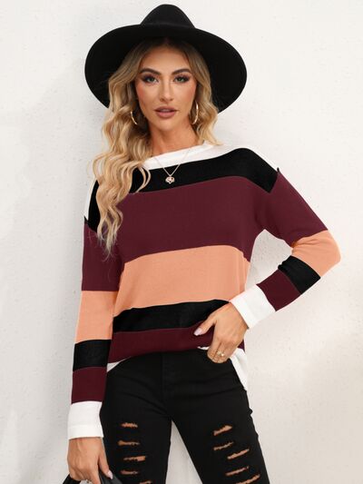 Striped Round Neck Dropped Shoulder Sweater - Charming Charlie