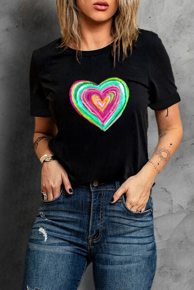 Heart Round Neck Short Sleeve T-Shirt - Charming Charlie