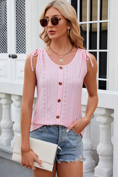 Eyelet Round Neck Wide Strap Tank - Charming Charlie