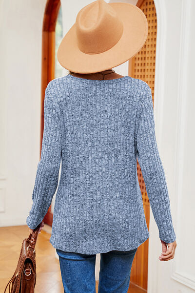 Eyelet Ribbed Round Neck Long Sleeve T-Shirt - Charming Charlie