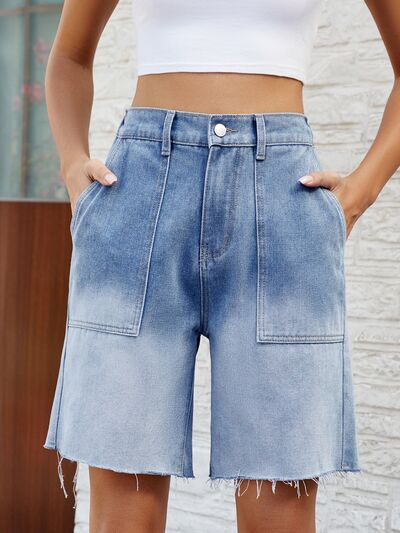 Buttoned Raw Hem Denim Shorts with Pockets - Charming Charlie