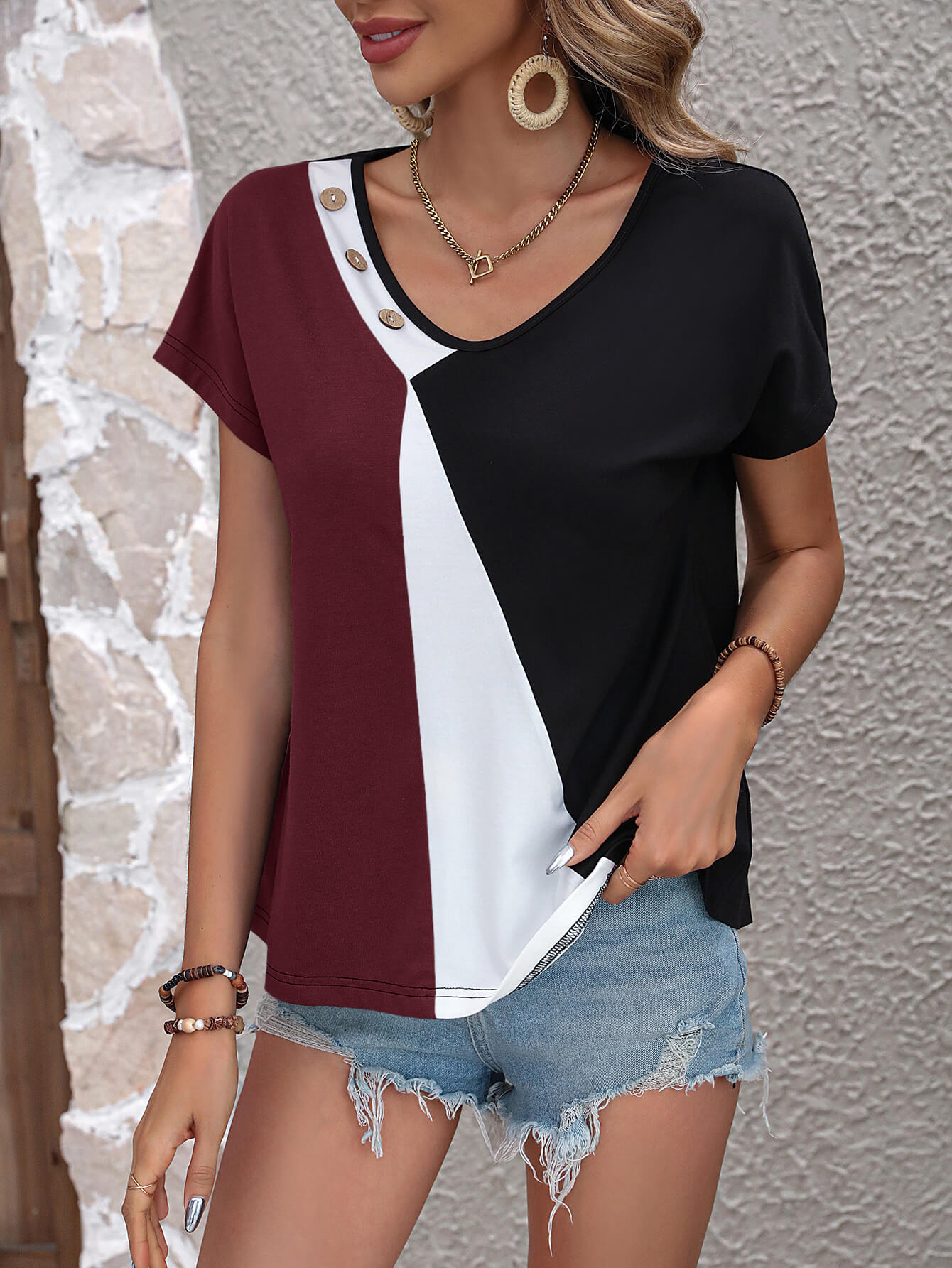 Color Block Decorative Button V-Neck Tee - Charming Charlie
