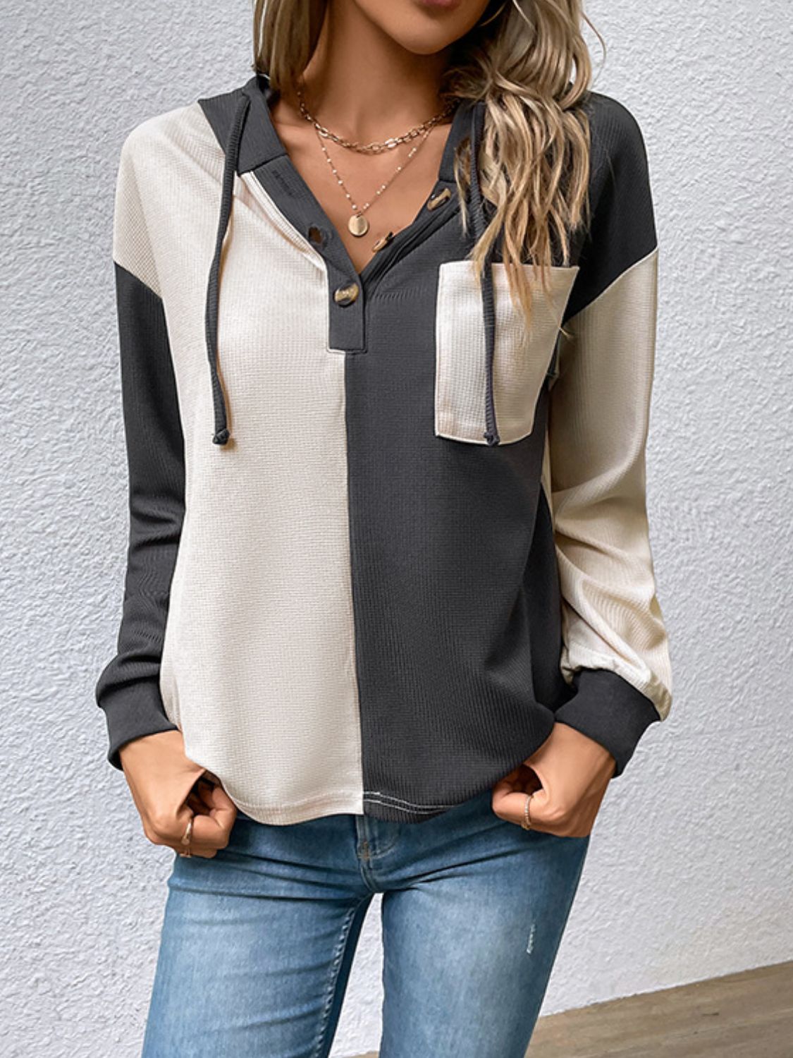 Contrast Color Button-Up Raglan Sleeve Hoodie - Charming Charlie