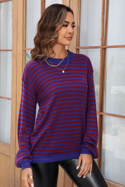 Striped Round Neck Dropped Shoulder Sweater - Charming Charlie