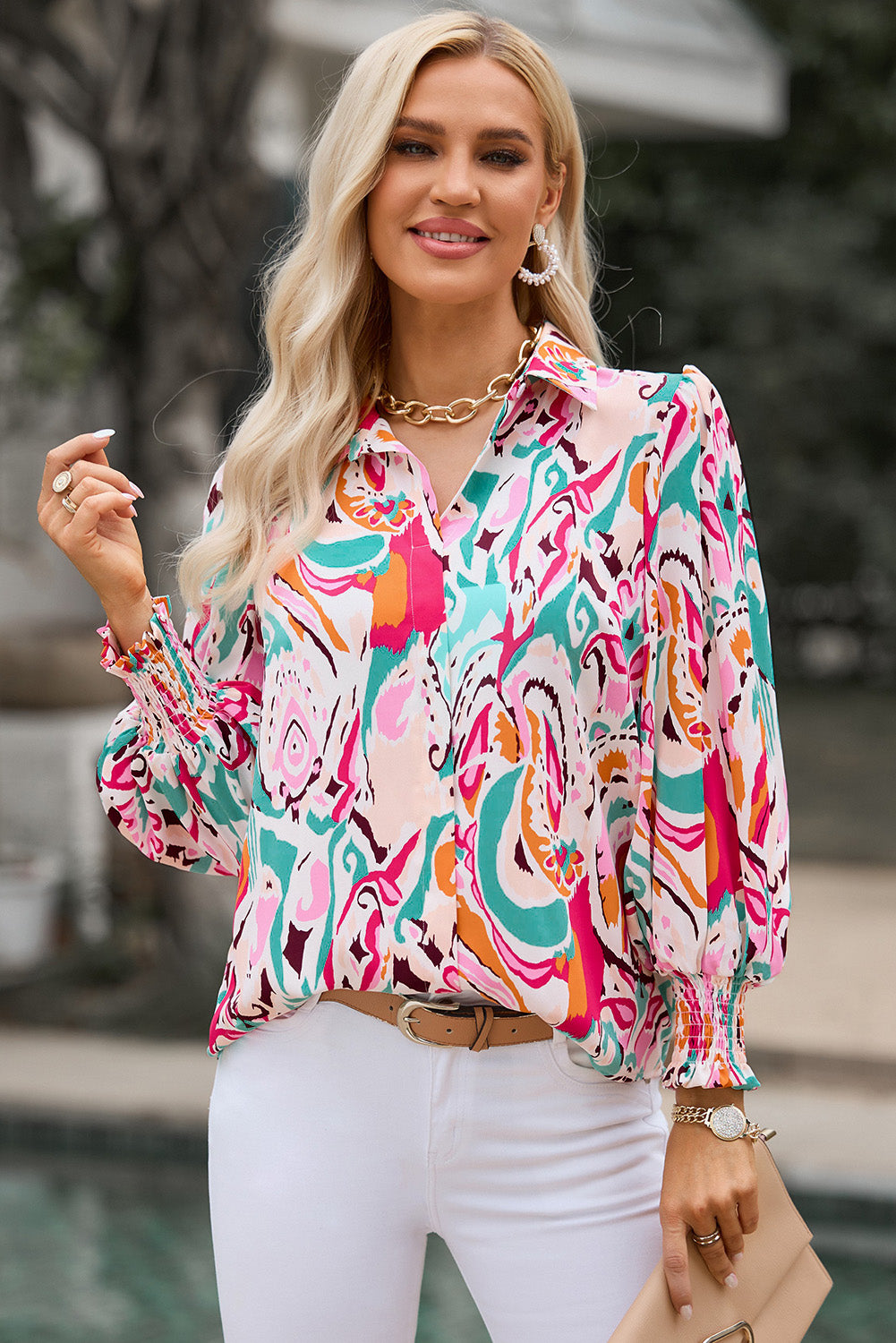 Printed Puff Sleeve Collared Blouse - Charming Charlie