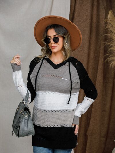 Eyelet Color Block Hooded Sweater - Charming Charlie
