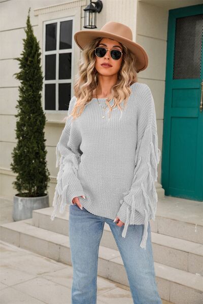 Fringe Round Neck Dropped Shoulder Sweater - Charming Charlie