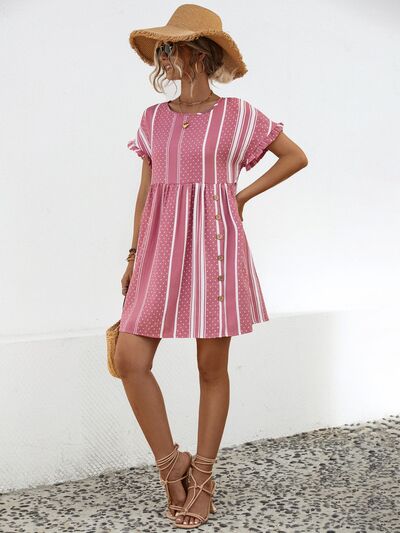 Striped Polka Dot Frill Short Sleeve Mini Dress - Charming Charlie