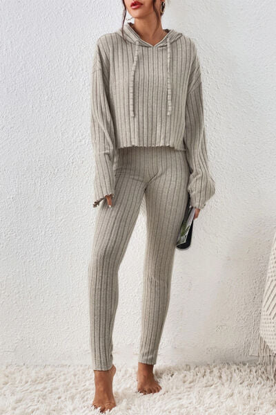 Lettuce Hem Dropped Shoulder Hooded Top and Pants Set - Charming Charlie