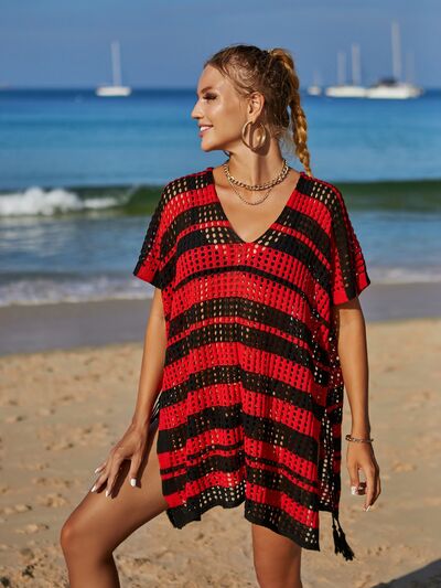 Tassel Openwork Striped V-Neck Cover Up - Charming Charlie
