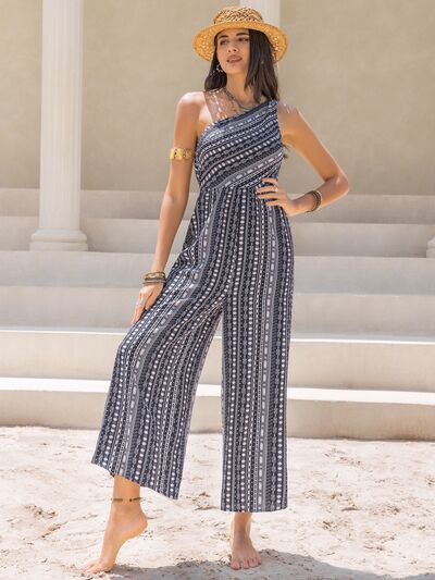 Printed Single Shoulder Sleeveless Jumpsuit - Charming Charlie