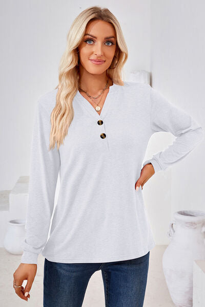 Notched Button Detail Long Sleeve T-Shirt - Charming Charlie