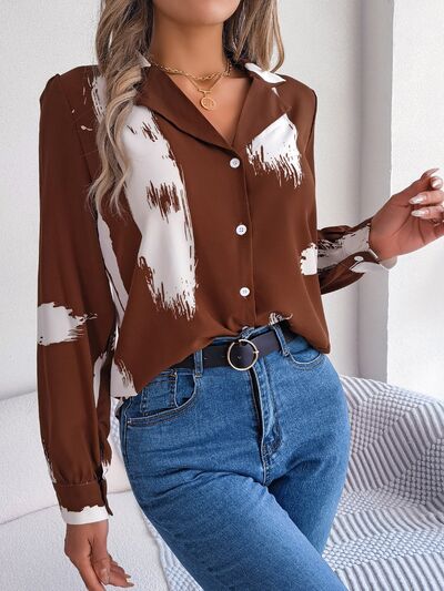 Printed Collared Neck Button Up Shirt - Charming Charlie