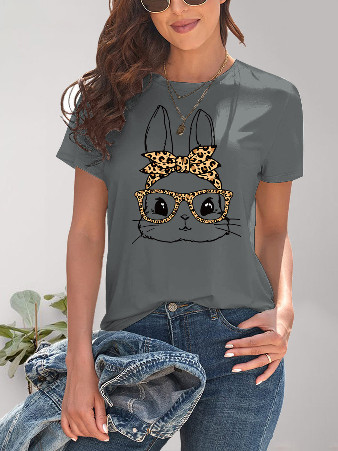 Rabbit Graphic Round Neck Short Sleeve T-Shirt - Charming Charlie