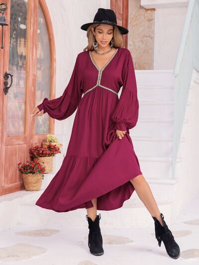 V-Neck Lantern Sleeve Ruffle Hem Dress - Charming Charlie