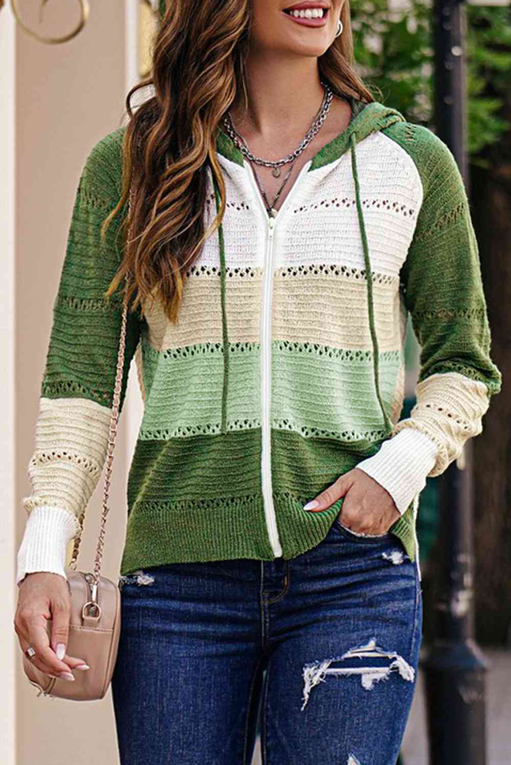 Zip-Up Raglan Sleeve Openwork Hooded Cardigan - Charming Charlie
