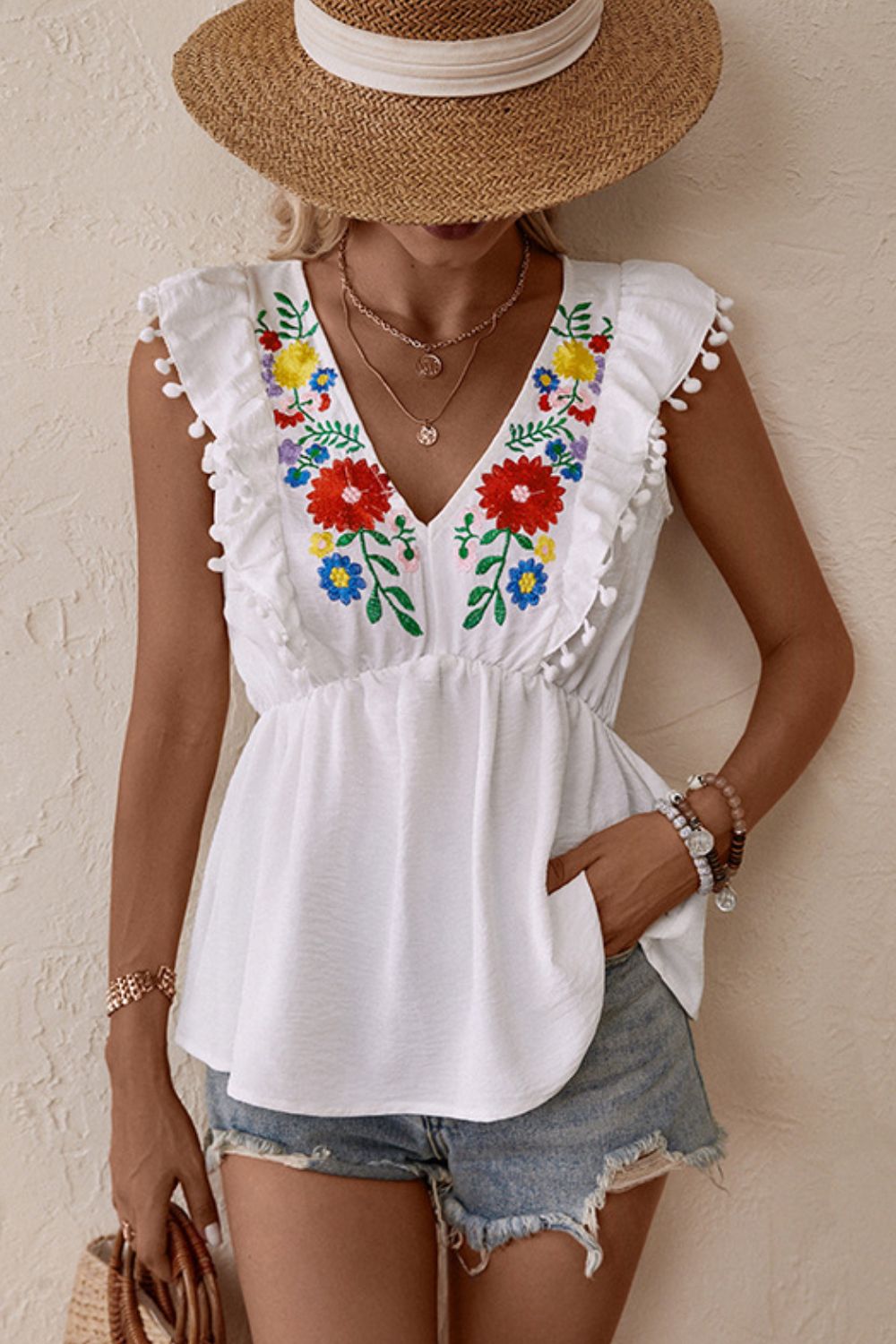 Embroidered Pom-Pom Trim Cap Sleeve Babydoll Top - Charming Charlie