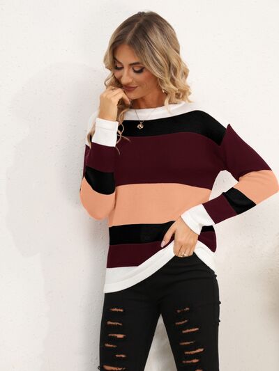 Striped Round Neck Dropped Shoulder Sweater - Charming Charlie