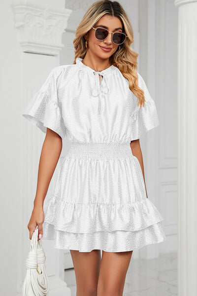 Smocked Tie Neck Flounce Sleeve Dress - Charming Charlie