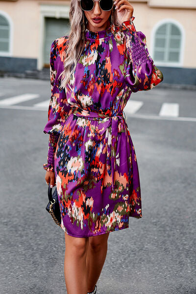 Printed Tie Waist Mock Neck Lantern Sleeve Dress - Charming Charlie