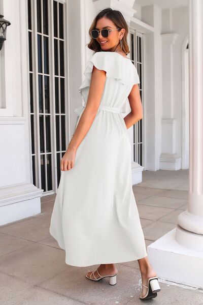 Ruffled Surplice Tie Waist Slit Midi Dress - Charming Charlie
