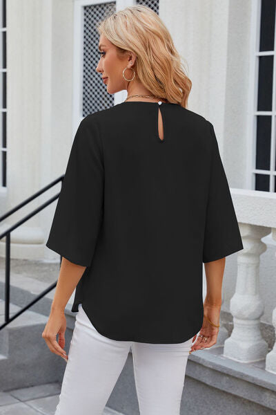 Round Neck Slit Half Sleeve Top - Charming Charlie