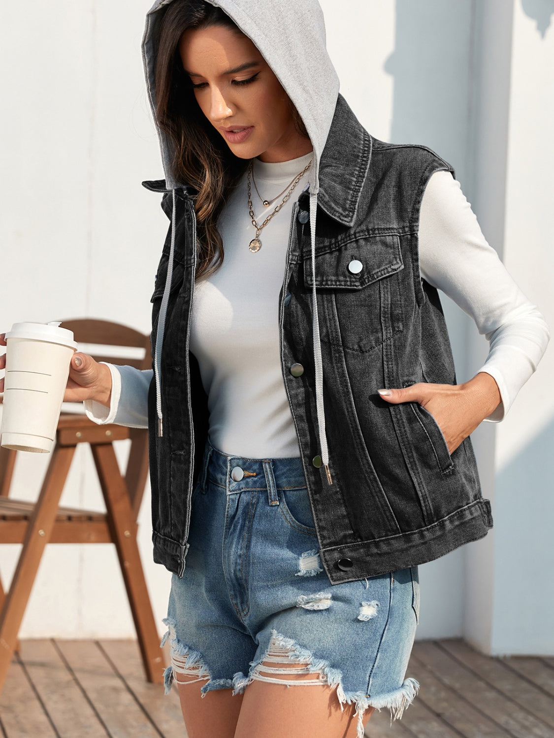 Pocketed Button Up Hooded Denim Jacket - Charming Charlie