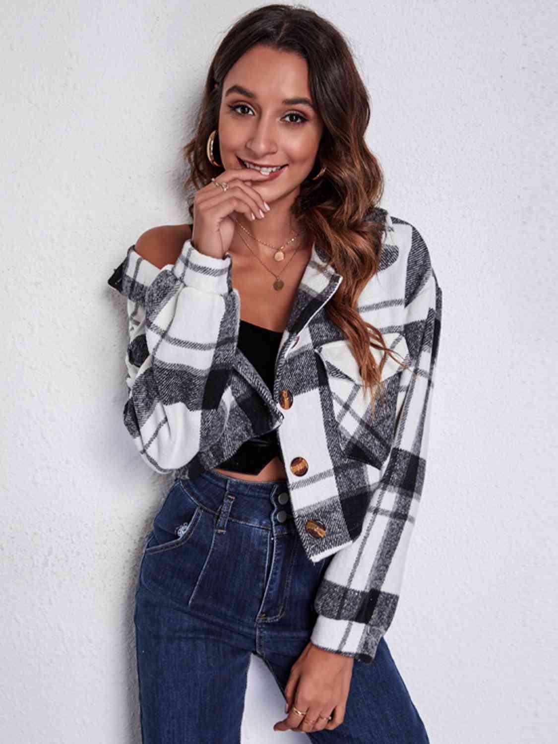 Plaid Button Front Jacket with Pockets - Charming Charlie