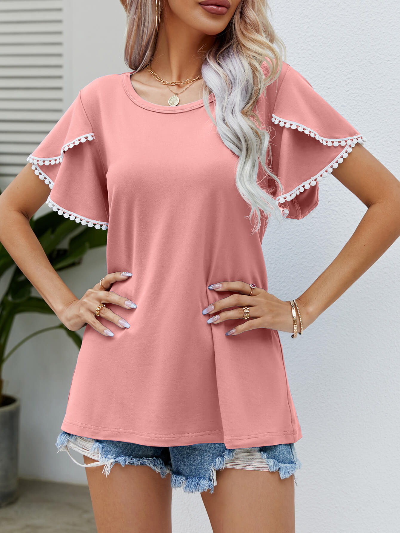 Pom-Pom Trim Flutter Sleeve Round Neck Tee - Charming Charlie
