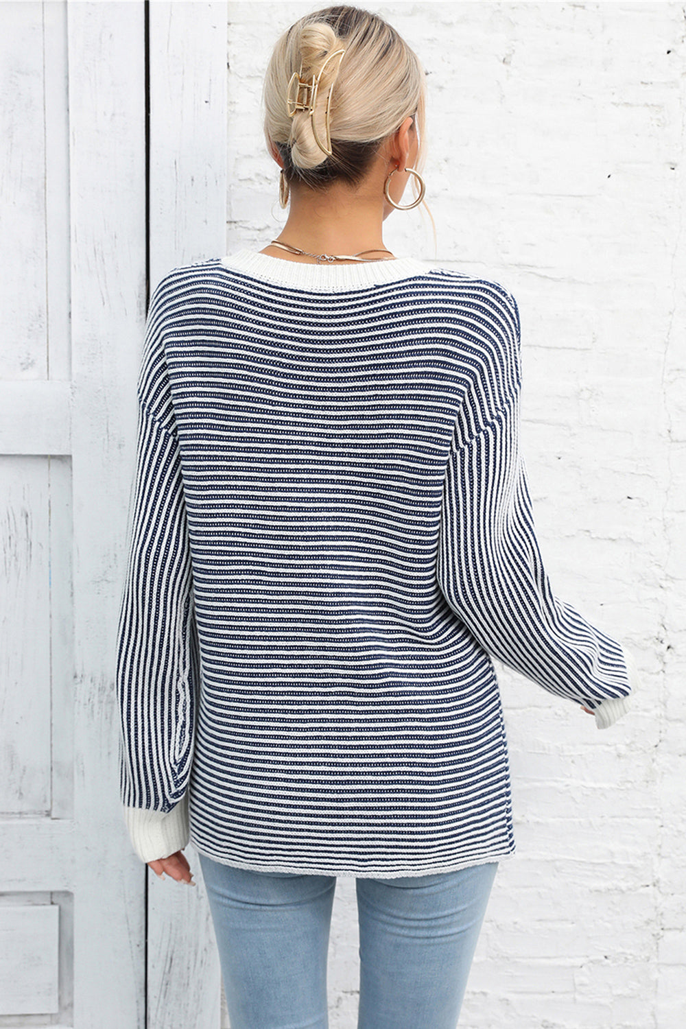 Striped Round Neck Long Sleeve Knit Top - Charming Charlie
