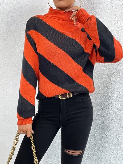 Striped Turtleneck Dropped Shoulder Sweater - Charming Charlie