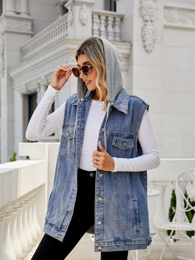 Drawstring Pocketed Button Up Sleeveless Denim Jacket - Charming Charlie