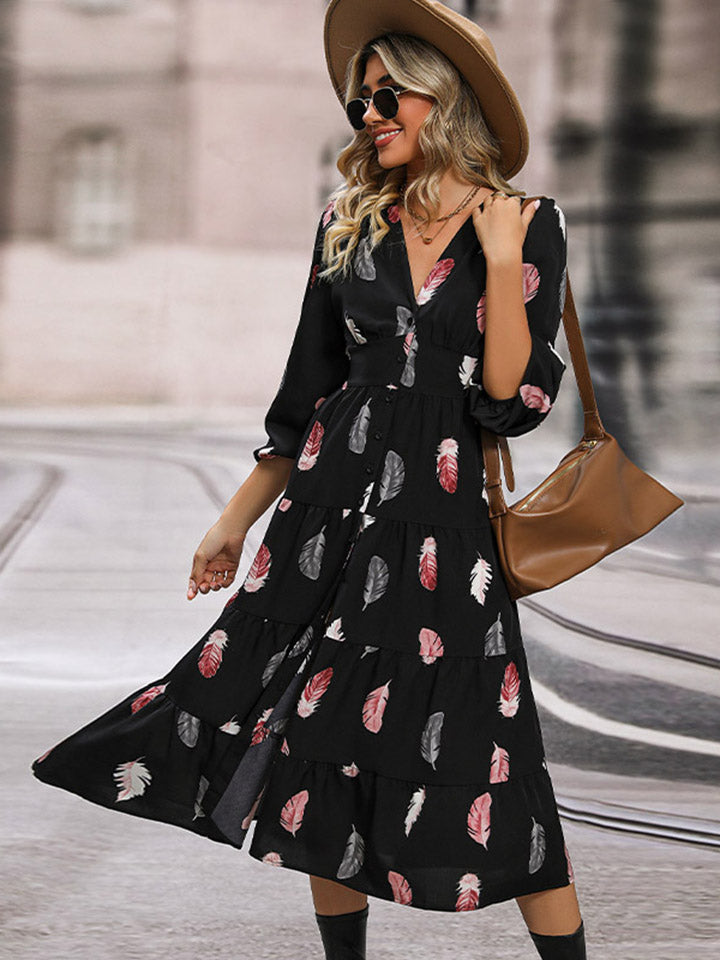 Printed V-Neck Slit Dress - Charming Charlie