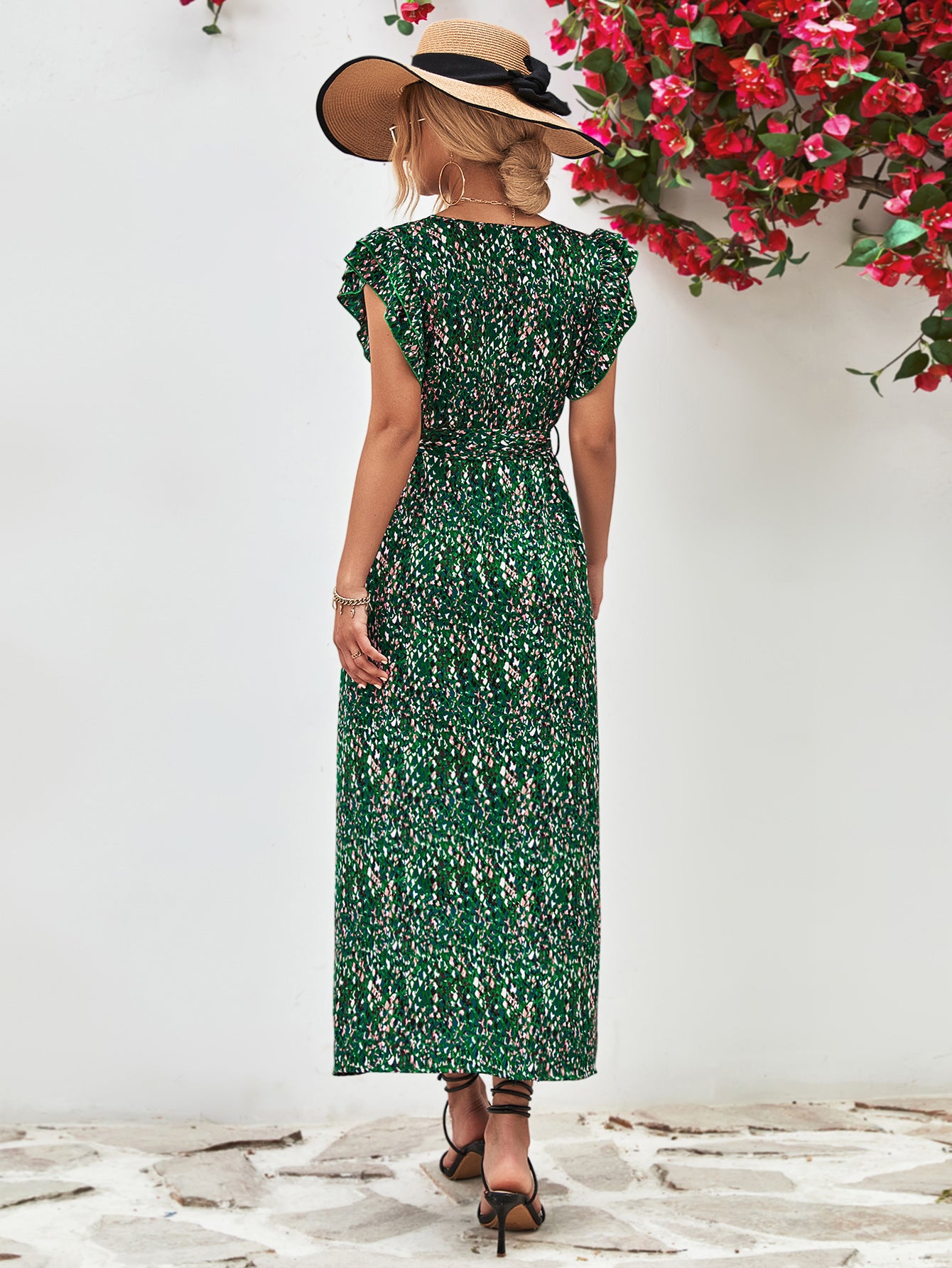 Printed Surplice Neck Flutter Sleeve Slit Dress - Charming Charlie