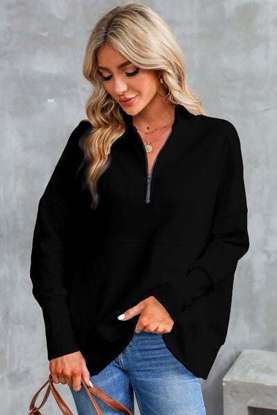 Half Zip Pocketed Dropped Shoulder Sweatshirt - Charming Charlie