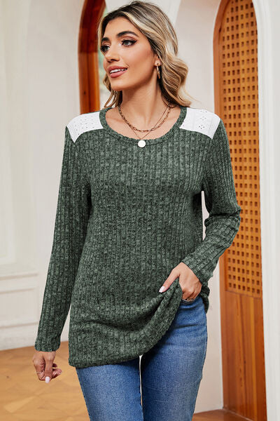 Eyelet Ribbed Round Neck Long Sleeve T-Shirt - Charming Charlie