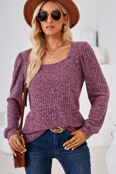 Ribbed Square Neck Long Sleeve T-Shirt - Charming Charlie