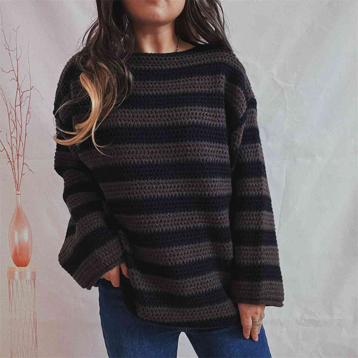 Striped Round Neck Long Sleeve Sweater - Charming Charlie