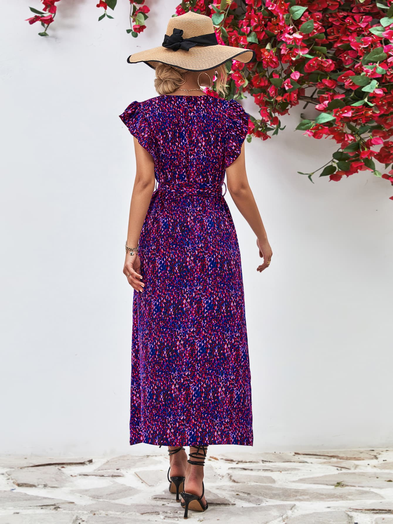 Printed Surplice Neck Flutter Sleeve Slit Dress - Charming Charlie