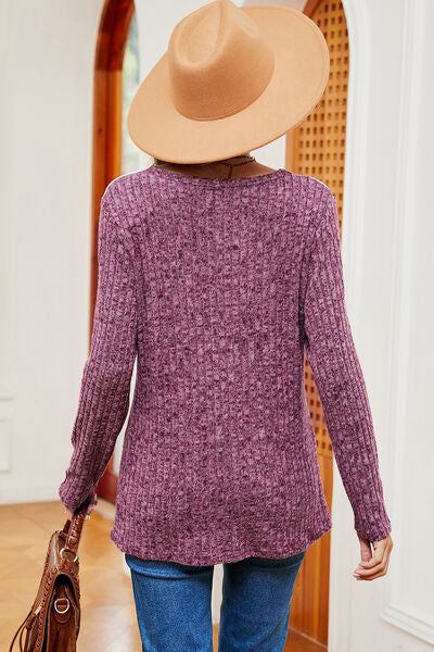Eyelet Ribbed Round Neck Long Sleeve T-Shirt - Charming Charlie