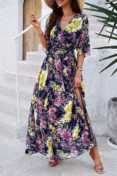 Printed Tied Half Sleeve Slit Dress - Charming Charlie