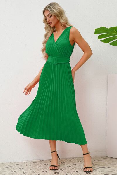 Surplice Sleeveless Midi Pleated Dress - Charming Charlie