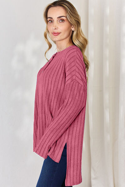 Basic Bae Full Size Ribbed Half Button Long Sleeve High-Low T-Shirt - Charming Charlie