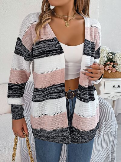 Openwork Striped Open Front Cardigan - Charming Charlie