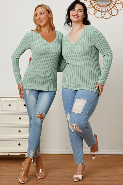 Basic Bae Full Size Ribbed V-Neck Long Sleeve T-Shirt - Charming Charlie