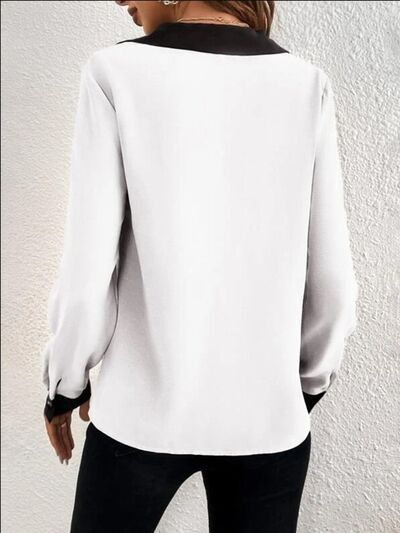 Contrast Trim V-Neck Long Sleeve Blouse - Charming Charlie