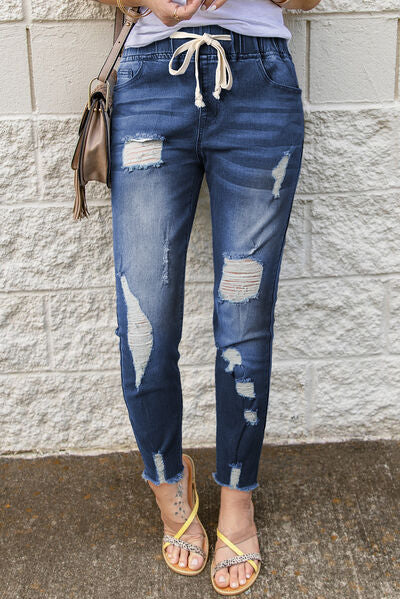 Drawstring Distressed Raw Hem Jeans with Pockets - Charming Charlie
