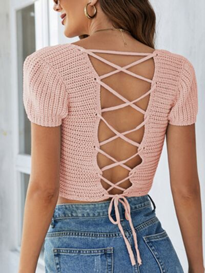 Lace-Up Openwork Square Neck Sweater - Charming Charlie